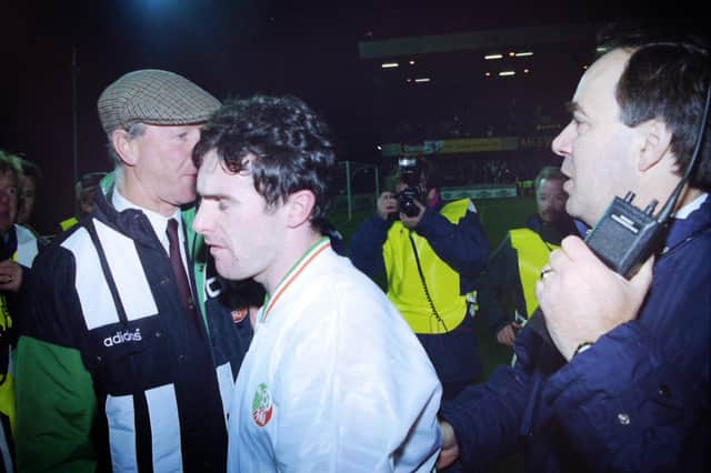 Alan McLoughlin (centre), with manager Jack Charlton (wearing cap), after his goal earned a 1-1 draw with Northern Ireland and World Cup qualification
 in 1993. Photo: Pacemaker Belfast