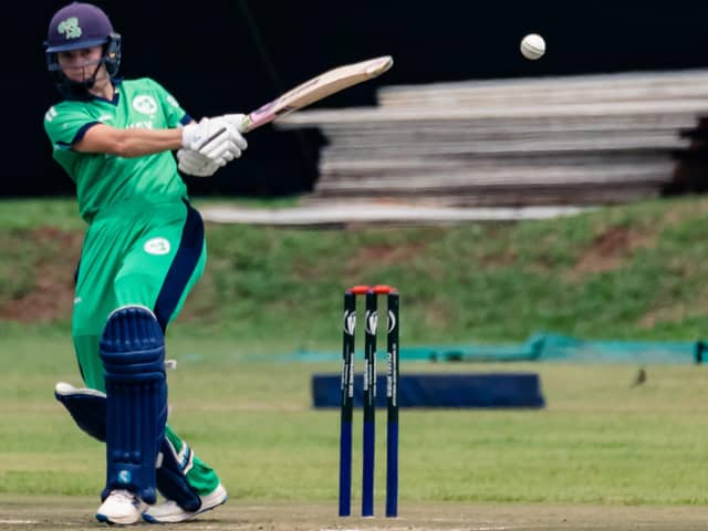 Ireland's D.H.Lewis in action during a cricket match played between Ireland and West Indies, November 23 2021 played at Old Hararians Sports Club in Zimbabwe. /Photo JEKESAI NJIKIZANA
