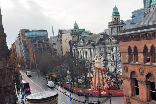 An aerial view of the helter skelter at Belfast Christmas Market