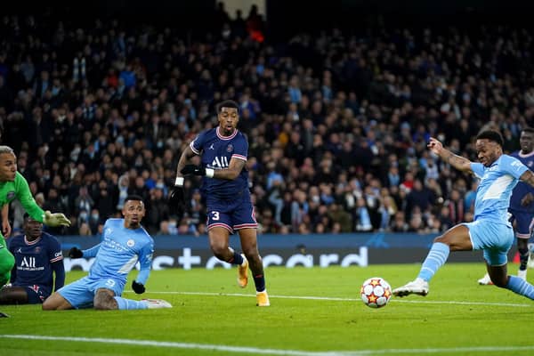 Raheem Sterling on target for Manchester City against PSG. Pic by PA.