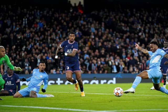 Raheem Sterling on target for Manchester City against PSG. Pic by PA.