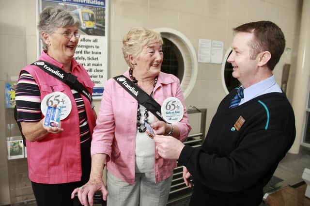 A Translink promotion for the free transport passes for buses and trains across Ireland for people aged 65+. But while there is free travel in the Republic for Northern Ireland people of that age, there is not free travel in Great Britain