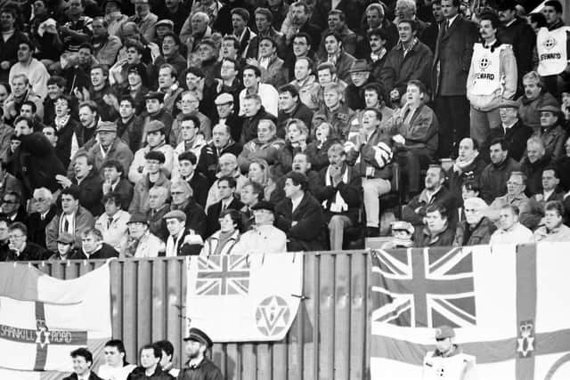 Northern Ireland fans at the November 1993 game at Windsor Park. The build up to the match was overshadowed by horrific terrorist massacres yet the atmosphere was not unusually hostile or sinister