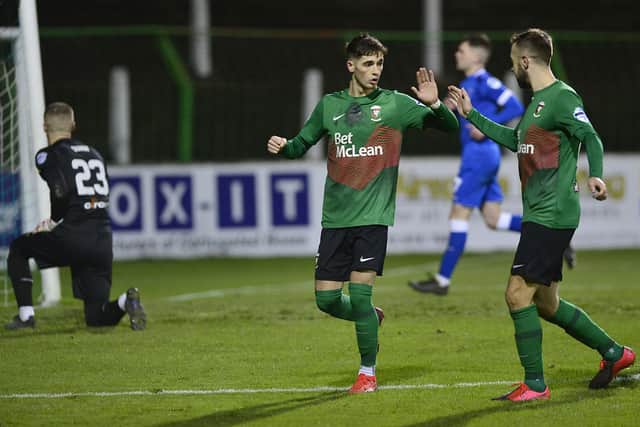 Jay Donnelly broke the deadlock from the penalty spot in Glentoran's 3-0 victory over Dungannon Swifts. Pic by Pacemaker.