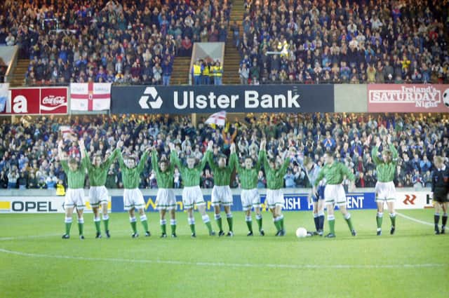 The Northern Ireland team at Windsor Park for the November 1993 match against the Republic of Ireland. The southern team was trying to reach the world cup finals while the Ulstermen wanted to give their manager, Billy Bingham, a fitting send off
