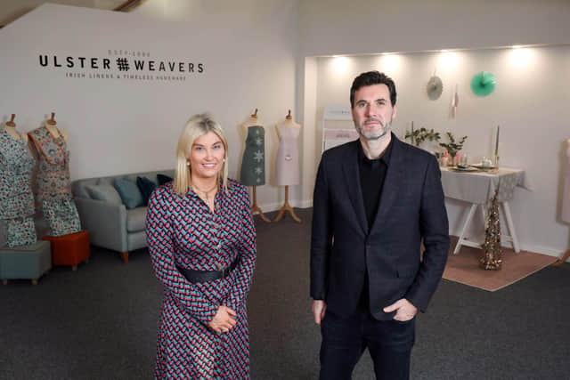 Managing director of Ulster Weavers, Gillian McLean, with Rupert Daniels, director of the UK government’s Department for International Trade (DIT) pictured at Ulster Weavers’ headquarters at Lissue Industrial Estate in Lisburn