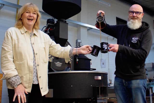 Margaret Patterson McMahon, CEO of Townsend Enterprise Park alongside Allen Cox, owner of Belfast Coffee Roasters