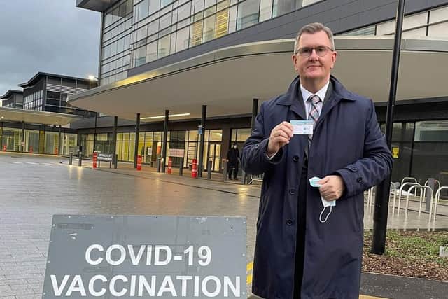 DUP leader Sir Jeffrey Donaldson at the Ulster Hospital on the outskirts of Belfast, after receiving his booster Covid-19 vaccination.