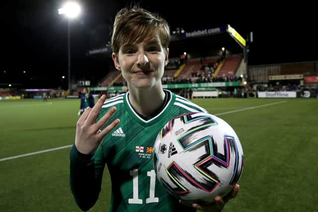 Northern Ireland's Kirsty McGuinness following her hat-trick during a 9-0 win over North Macedonia at Seaview for the 2023 Women's World Cup qualifier. Pic by PressEye Ltd.