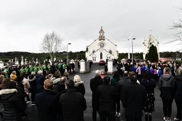 Family and friends gather for the funeral of school principal Francis Lagan at St Patrick's Church, Glen. 
He was principal of St Mary's Primary School in Maghera.
 His car was hit by the tree while travelling on the Dublin Road near Antrim, as Storm Arwen hit Northern Ireland on Friday.
 Pic Colm Lenaghan/ Pacemaker