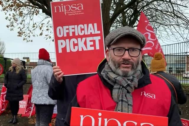 Alan Law, Assistant Secretary (Acting) of NIPSA at the picket line in Lisburn, supporting Education Welfare Officers on strike over parity of pay with those in the health and social care sector.