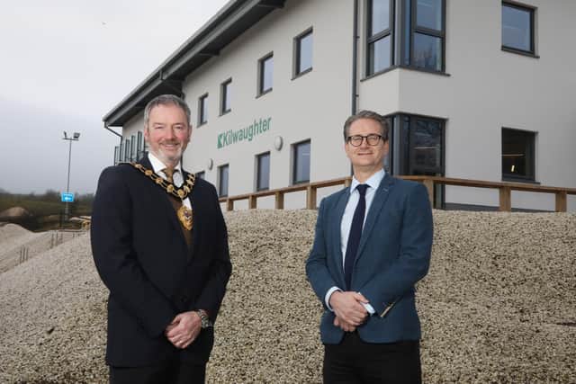 Kilwaughter Minerals chief executive Gary Wilmot joined by Mid & East Antrim Mayor, William McCaughey, for the opening of new £1.75m Kilwaughter office building