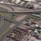Drawing of planned free-flowing York Street interchange. Top left is the M2 towards Antrim, top right M3 bridge to Bangor, and bottom is Westlink