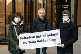 Demonstrators (left to right) Fidelma O'Kane, Cormac McAleer and Emmet McAleer take part in a protest outside the Crown Estate Commission, in central London, against gold mining in the Sperrin mountains in County Tyrone, in Northern Ireland.