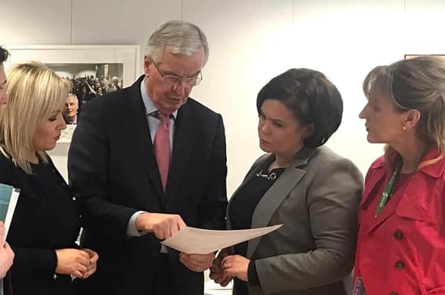 Sinn Fein lobbied Brussells even before the Northern Ireland Protocol. Above Michelle O’Neill, Mary Lou McDonald and Martina Anderson meet the EU's Brexit negotiator Michel Barnier in 2018