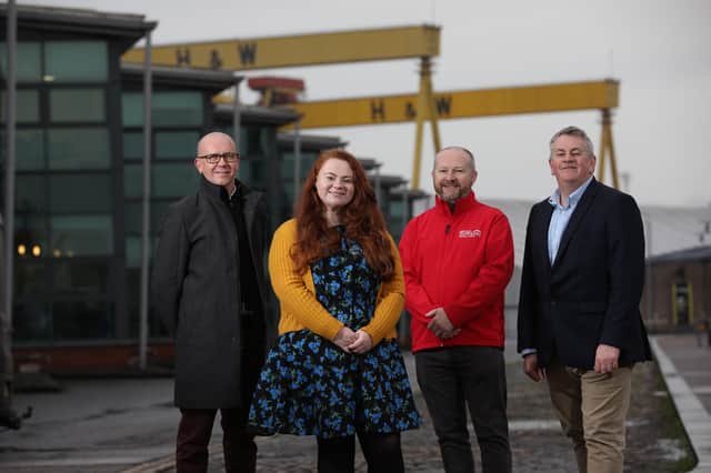 Jim Dennison, chief executive, Simon Community NI, Patrice Callan, project manager and charity coordinator, Synergy Learning, Brian Shanks, corporate fundraising manager, Simon Community NI and Roy Kerley, Synergy Learning CEO