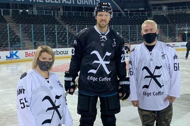 Hannah Parke, Edge Coffee, Griffin Reinhart, Belfast Giants, and William Parke, Edge Coffee at The SSE Arena, Belfast