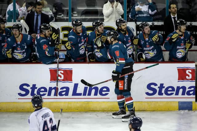 Belfast Giants’ Ciaran Long celebrates scoring against the Dundee Stars at the SSE Arena