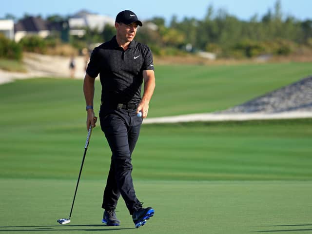 Rory McIlroy of Northern Ireland reacts to a putt on the ninth hole during the first round of the Hero World Challenge at Albany Golf Course on December 02, 2021 in Nassau, . (Photo by Mike Ehrmann/Getty Images)