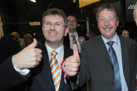 Long before Covid disagreement: Jeffrey Donaldson and Sammy Wilson celebrate an election result in 2010. Photo by Stephen Hamilton  Presseye