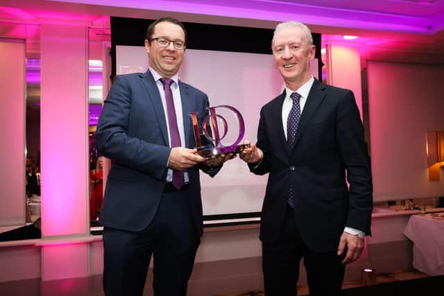 Sir Michael Ryan, winner of the Chairman’s Award for Excellence in Director and Board Practice pictured with Seamus McGuickin, Head of Business Banking, AIB, NI at the 2021 Institute of Directors Northern Ireland Director of the Year Awards, sponsored by AI