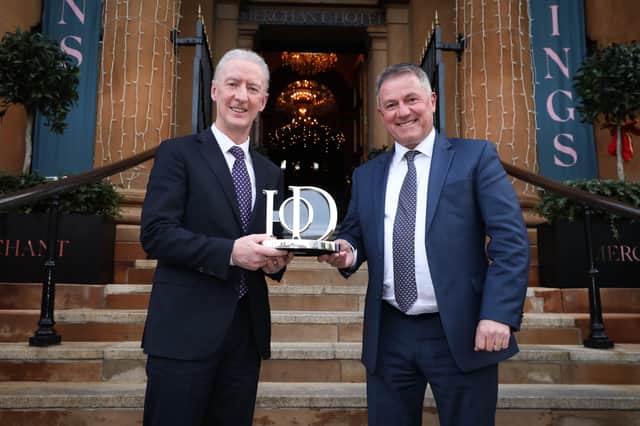 Sir Michael Ryan is presented with the Chairman’s Award for Excellence in Director and Board Practice by Gordon Milligan, IoD NI Chairman at the 2021 Institute of Directors Northern Ireland Director of the Year Awards, sponsored by AIB