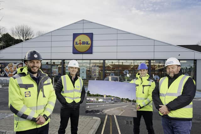 Scott Nelson, senior construction manager, Lidl NI, Damien Murray, director, Geda Construction, Chris Speers, regional property executive, Lidl NI and Neil Matthewman, site manager, Geda Construction
