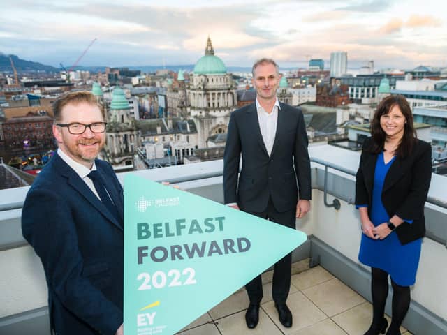 Simon Hamilton, CE of Belfast Chamber, Michael Hall, managing partner EY NI and Judith Savage, director, Business Consulting, EY