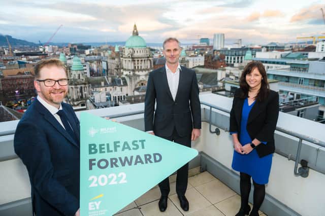 Simon Hamilton, CE of Belfast Chamber, Michael Hall, managing partner EY NI and Judith Savage, director, Business Consulting, EY