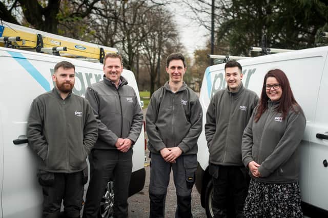 Chris Shirlaw, electrical engineer, Martin Smart, gas engineer, Jim Friel, operations director, Elaine O’Brien, facilities co-ordinator and Vlad Markelovs, fabric technician mark the launch of Parr Facilities Management’s new Glasgow-based team