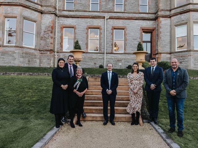 Pictured at the official opening of the luxury, private-hire venue, Magheramorne Estate are Sara Allen , David Allen, Jane Allen, Minister Lyons, Katherine Allen , James Allen and Rory Best OBE