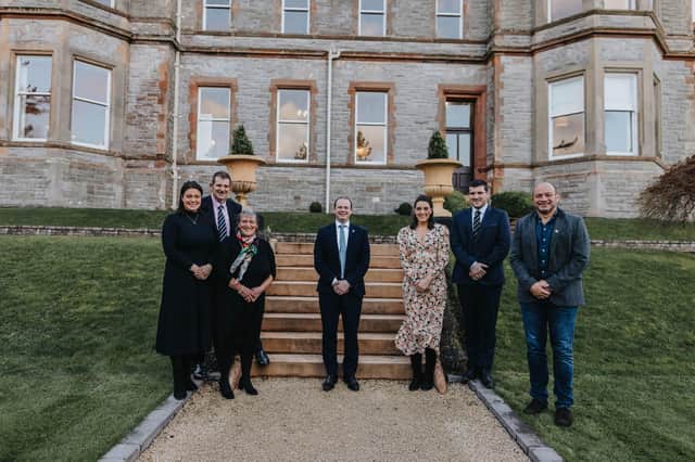 Pictured at the official opening of the luxury, private-hire venue, Magheramorne Estate are Sara Allen , David Allen, Jane Allen, Minister Lyons, Katherine Allen , James Allen and Rory Best OBE