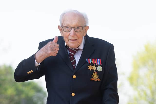 The then 99-year-old war veteran Captain Tom Moore at his home in Marston Moretaine