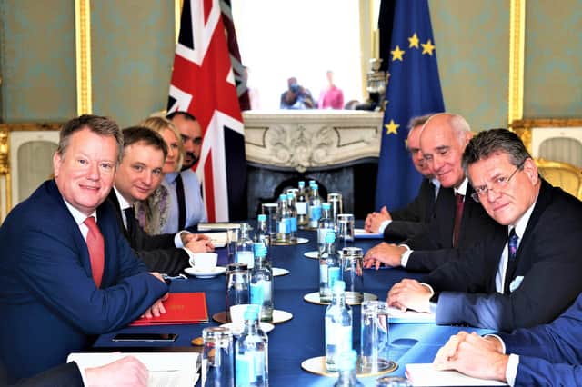 Brexit Minister Lord Frost (left) and European Commission Vice President Maros Sefcovic (right) during negotiaions last month in London. Lord Frost needs to give the EU a ‘drop dead date’ in default of which unionist ministers at Stormont will quit the executive