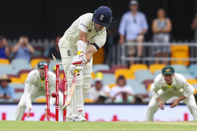 England's Rory Burns is bowled first ball during day one of the first Ashes cricket test at the Gabba in Brisbane, Australia. Pic by PA.