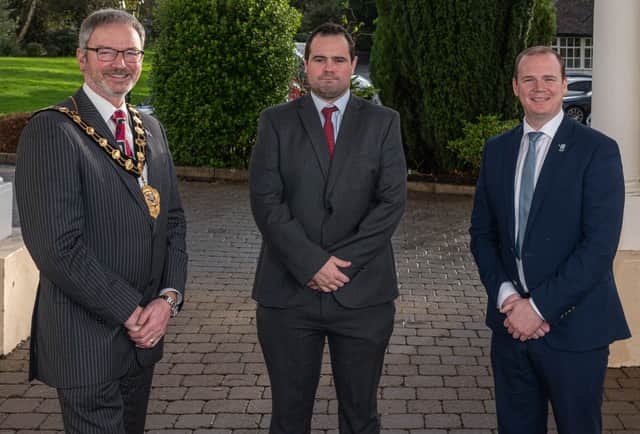 Cllr William McCaughey, mayor of Mid and East Antrim, David Whelan (editor, agendaNi) and Economy Minister Gordon Lyons