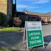 A sign pointing to SMART Lateral Flow Covid testing at the United Reformed Church Hall in St George's Road, St Annes