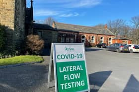 A sign pointing to SMART Lateral Flow Covid testing at the United Reformed Church Hall in St George's Road, St Annes