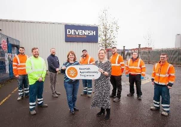 Robert Gilchrist, Richard Smith, Michael Gibson, Matthew Gartland, Marc Gartland, David O’Halloran and Paul Moore with Gillian McAuley, Group HR director and Claire Espie, Devenish learning and development manager