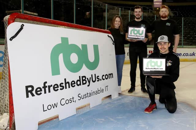 Belfast Giants player, Sam Ruopp (front) joins Catherine Smith, Matthew Nulty and Colm Hughes from RefreshedByUs to launch the new RefreshedByUs Shootout competition. At selected home games, two competitors will go head-to-head in the RefreshedByUs Shootout competition for the chance to win a top spec Apple MacBook as part of a fun new game night competition. Picture by William Cherry, PressEye