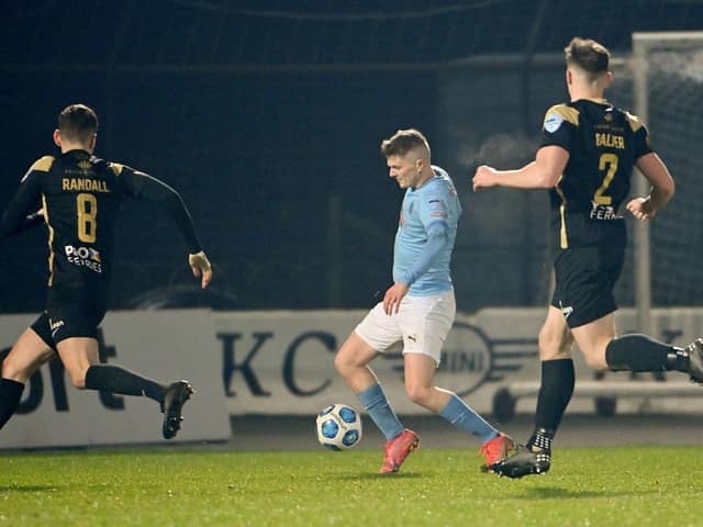 Paul McElroy cuts inside to steer home a superb winning goal for Ballymena United in the defeat of Larne. Pic by PressEye Ltd.