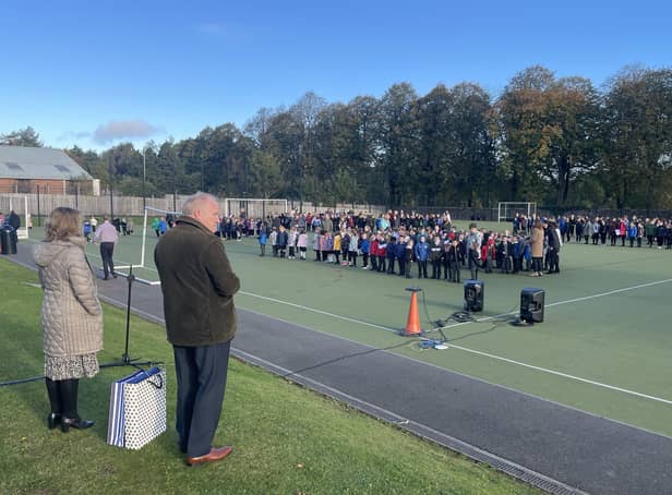 Terry Shields addresses King's Park Primary School at an outdoor assembly to mark his retirement