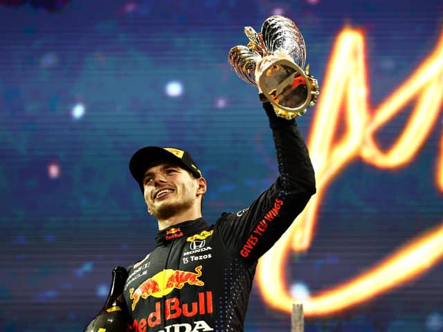 Max Verstappen celebrates on the podium during the F1 Grand Prix of Abu Dhabi
