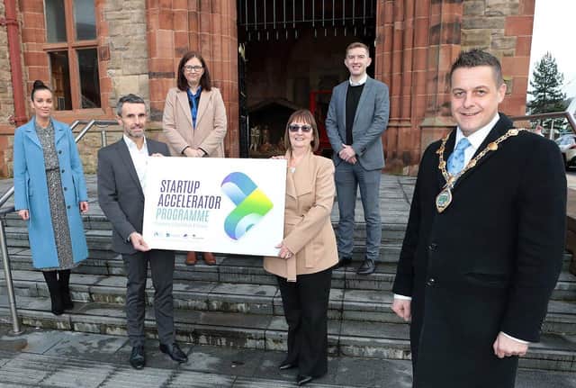 Alderman Graham Warke, pictured at the launch of the Startup Acceleration Programme with Charlie Kennedy, Enterprise NW and Christina Mullen, Strabane Enterprise Agency, Louise Breslin, Derry City & Strabane District Council, Orla McNulty, SEA and Caolan Campbell, Enterprise NW  (Tom Heaney, nwpresspics)