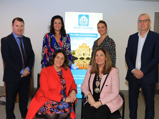 Tony McKeown CEO, outgoing President Emma Mullen-Marmion, Jackie Reid newly elected Board member, Kieran Grant newly elected treasurer, Edwina Flynn Vice President and President Julie Gibbons at Newry Chamber of Commerce and Trade Annual General Meeting