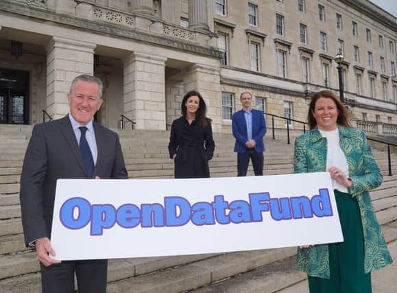Finance Minister Conor Murphy meets some of last year’s winners of the Open Data Innovation and Outreach Fund, included are Dr Orna Young, FactCheck NI, Nick Gaywood Queen’s University Belfast Analytics Masters Student and Anne Orr from Digital 54