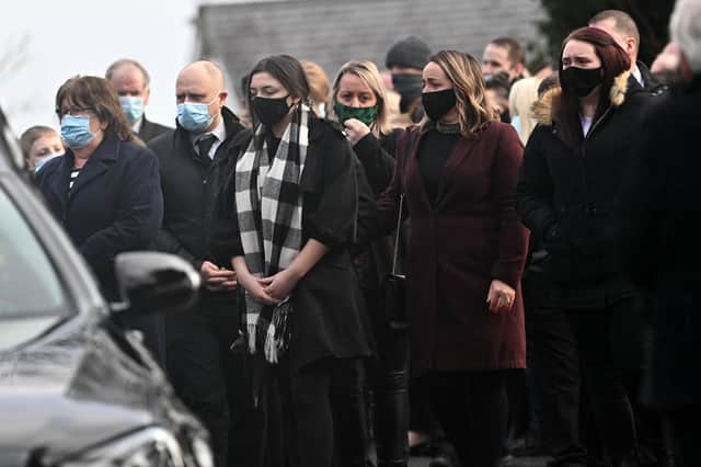 Pacemaker Press 14/12/21 
Family and Friends during the Funeral for Aaron Webb at  at St Josephâ€TMs Church, Glenavy on Tuesday.
Aaron Webb, from Stoneyford in the Greater Lisburn area, passed away in hospital after he was knocked down by a van on the Lisburn Road, outside Glenavy, on Friday.
Pic Colm Lenaghan/ Pacemaker