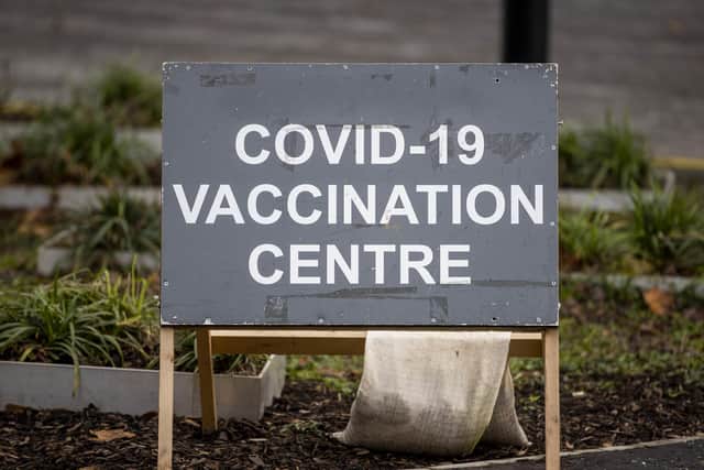 Sign for the COVID-19 vaccination centre at Dundonald Hospital in Belfast, Northern Ireland. PA Photo. Picture date: Tuesday December 14 2021. See PA story ULSTER Coronavirus. Photo credit should read: Liam McBurney/PA Wire