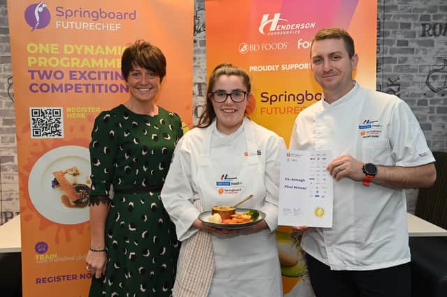 Faith Belshaw, winner of the final NI regional heats of the 2021/22 FutureChef competition, is pictured with Caitriona Lennox from Springboard and Geoff Baird, business development chef at Henderson Foodservice, sponsors of the competition