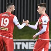 Cliftonville goal scorers Joe Gormley and Ryan Curran celebrate.  Pic Colm Lenaghan/ Pacemaker